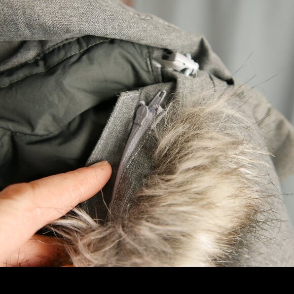 Grey Down Winter Arctic Coat with Hood and Removable Fur Fringe, Large - Picture 3 of 7